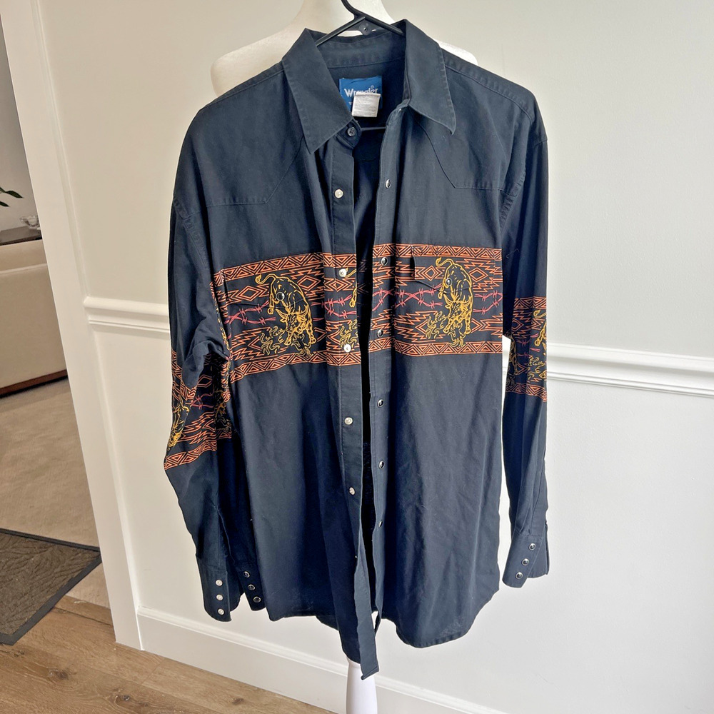 Wrangler Western Shirt Men Large Snap Black Bull Toro Front Back Ranch Rodeo VTG